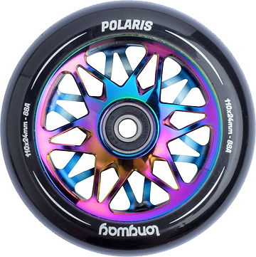 A close-up of the vibrant Longway Polaris 110mm Stunt Scooter Wheel in neochrome highlights its metallic finish with a black outer rim. Made from 6061-T6 alloy, this wheel boasts a distinctive geometric spoke design with "POLARIS" and "110x24mm - 88A" visible on its hollow core.