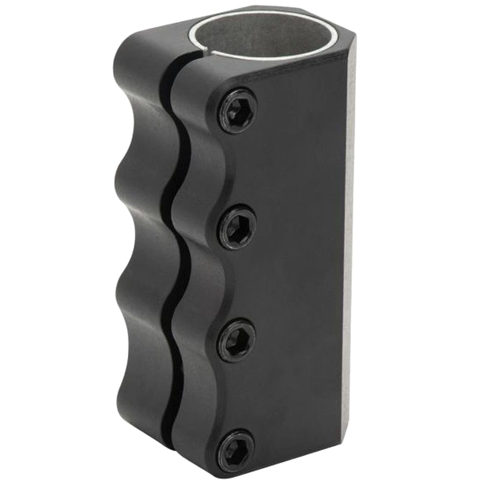The Proto Full Knuckle V2 4 Bolt Oversized SCS Stunt Scooter Clamp - Black, by Proto, features a black metallic compression clamp design with four screws on one side. Its wavy exterior and open circular top make it perfect for securing cylindrical objects such as the handlebars of an SCS scooter.