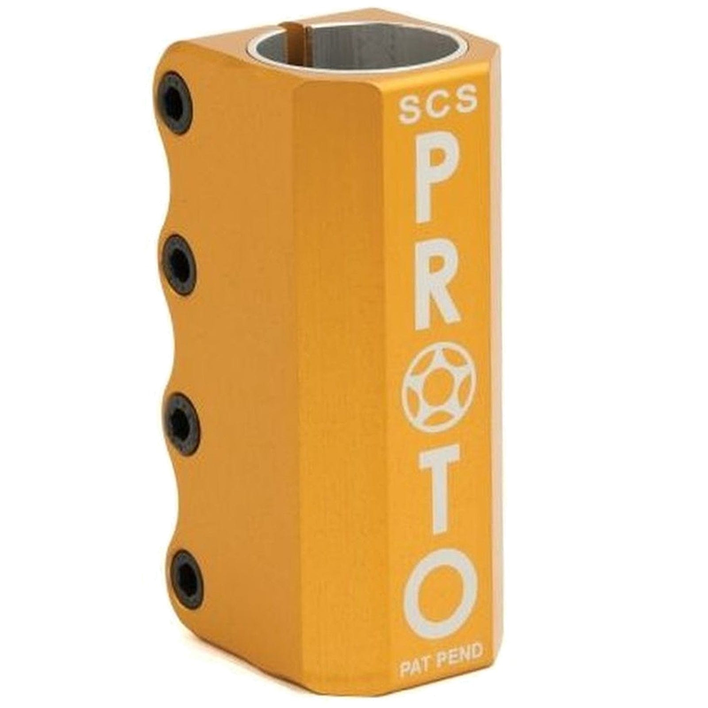 Image of a gold Proto Full Knuckle V2 4 Bolt Oversized SCS Stunt Scooter Clamp featuring four black screws on the side and hexagonal cutouts designed to secure the scooter's handlebars. This standard compression SCS clamp ensures a secure fit for a smooth ride.