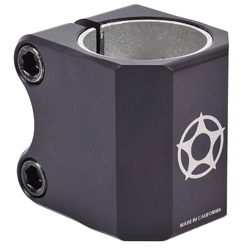 A Proto Half Knuckle 2 Bolt Oversized Stunt Scooter Clamp in black, featuring two visible hex screws on the side, a white Proto logo, and "Made in California" text. This durable clamp is designed for custom scooters and has a cylindrical opening at the top.
