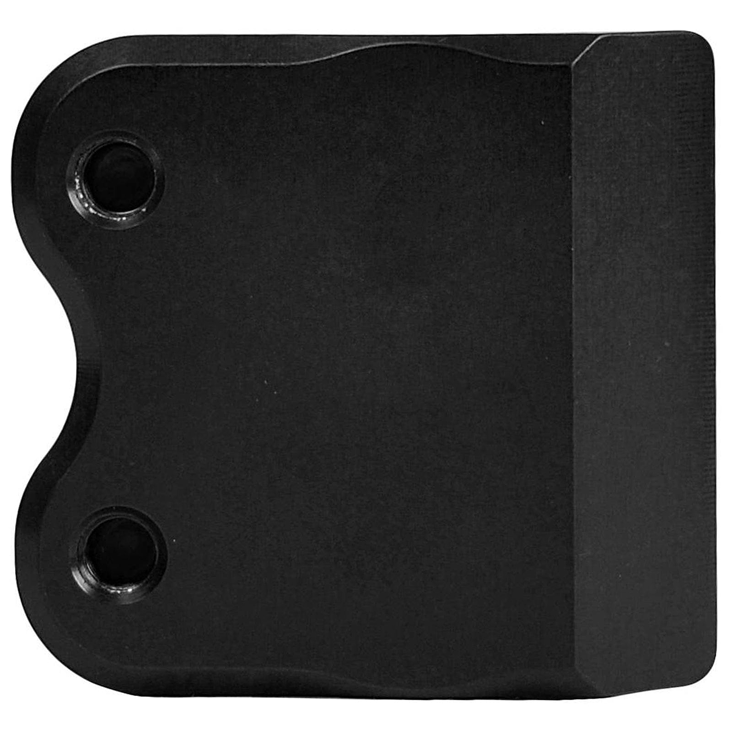 The Proto Half Knuckle 2 Bolt Oversized Stunt Scooter Clamp, in black, is a metal bracket with an L-shaped design, featuring two circular holes on one side. It boasts a smooth surface and rounded edges on the left, complemented by a flat right edge. This solid and sturdy clamp from Proto is ideal for custom scooter setups.