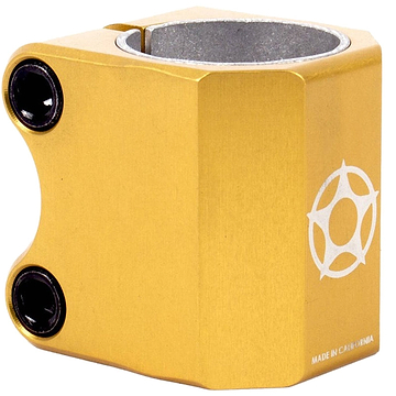 Here is a revised version of the sentence using the provided product data:

Close-up of the Proto Half Knuckle 2 Bolt Oversized Stunt Scooter Clamp in gold with a glossy finish, perfect for your custom scooter. It features two black bolts and a white emblem on the side. The text "Made in California" prominently near the base highlights its durable clamp design.