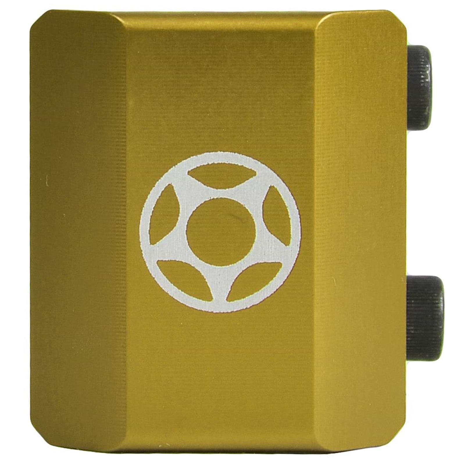 A rectangular device in a gold finish featuring a brushed metal texture, with a white circular star-like design at its center. It includes two black cylindrical components on the right side resembling a sturdy clamp, ideal for enhancing any custom scooter setup. This is the Proto Half Knuckle 2 Bolt Oversized Stunt Scooter Clamp from Proto.