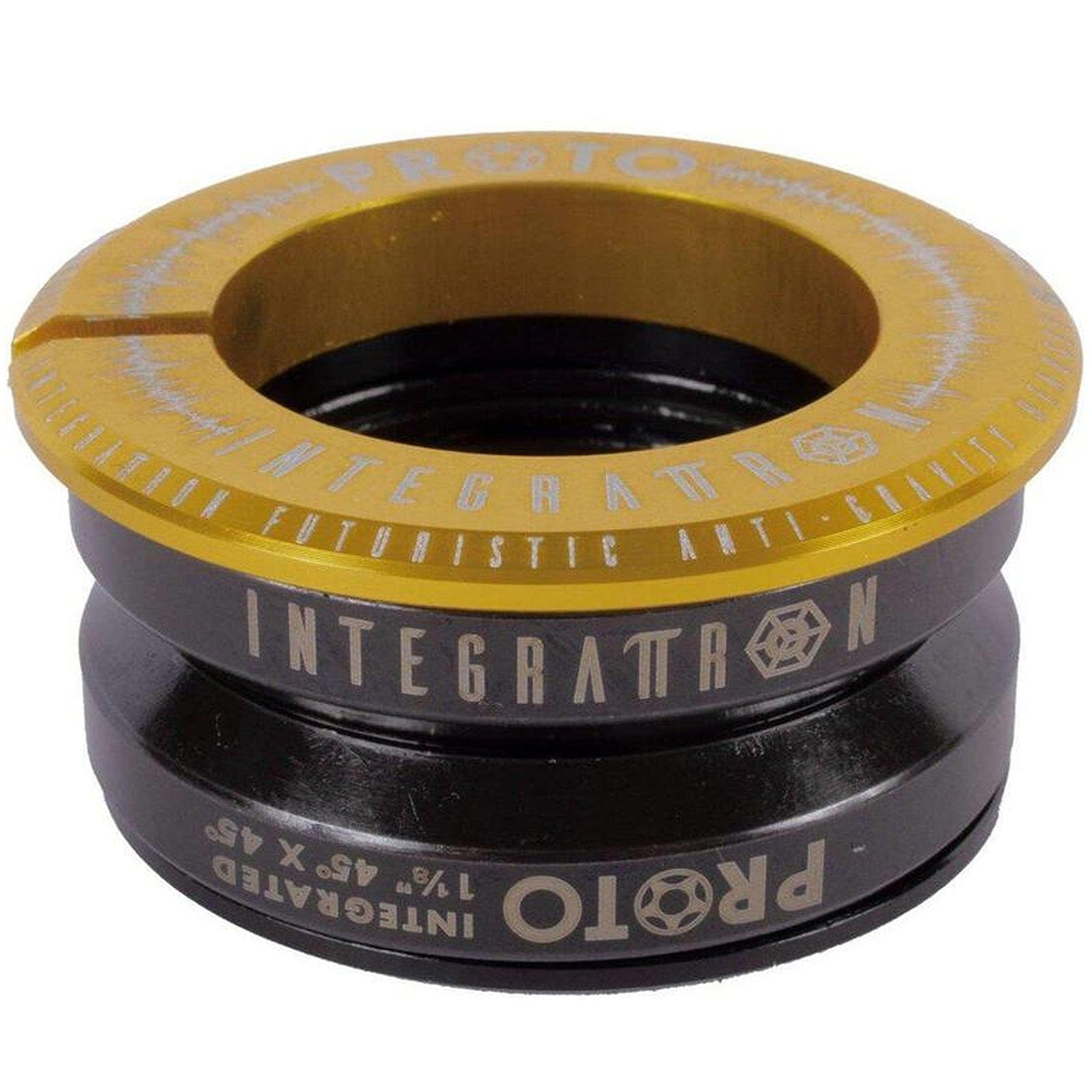 The Proto Integrattron Integrated Stunt Scooter Headset in Gold is a lightweight headset, featuring black and gold engraved text and design elements. With a metallic finish, it is composed of two main integrated parts and showcases clear Proto branding throughout.