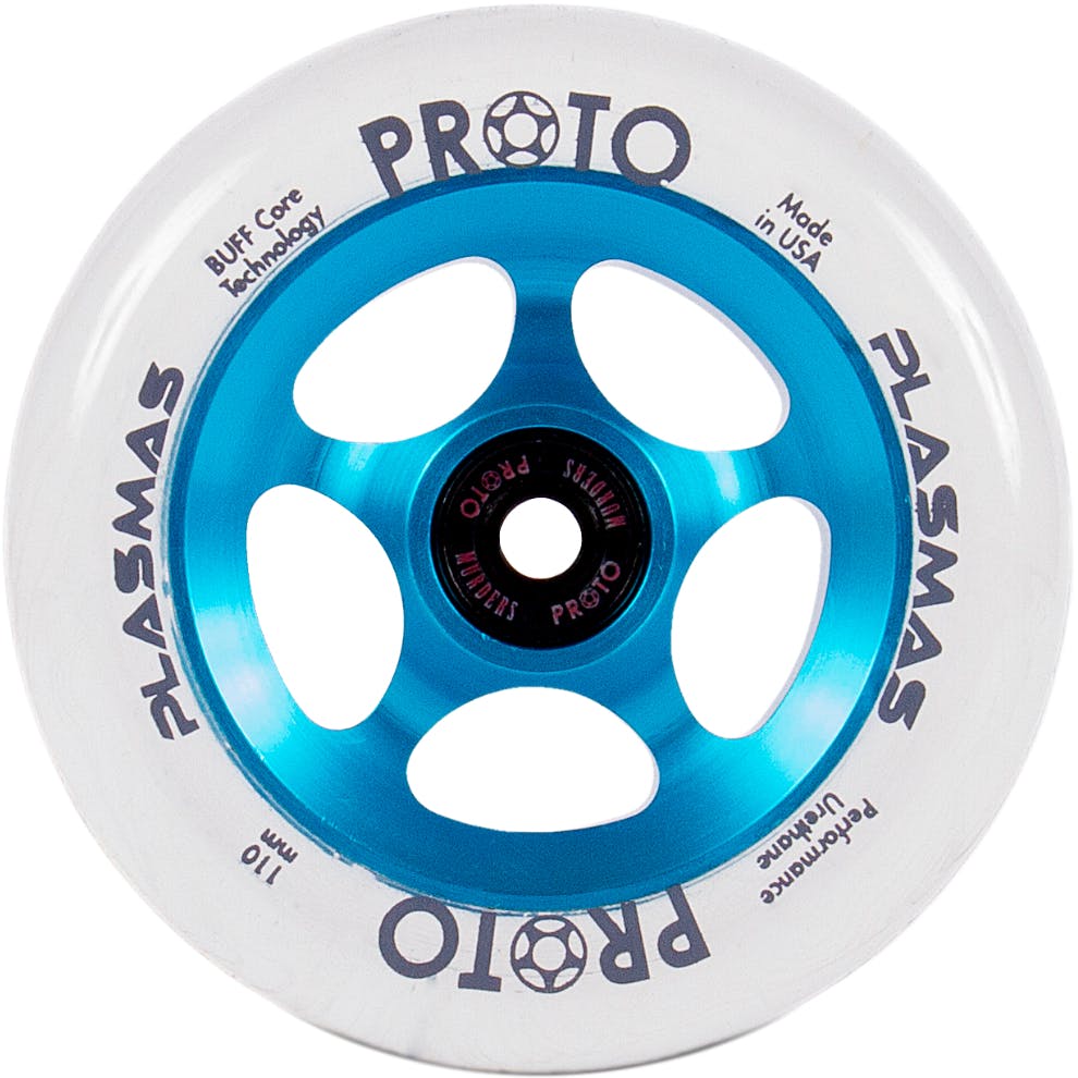 The image features the Proto Plasma 110mm Stunt Scooter Wheel in Clear and Electric Blue, highlighting a design with a white outer section and a blue core that includes multiple cutouts. It showcases the cutting-edge "Alien urethane" technology along with "BUFF Core Technology." The wheel is labeled as "PROTO Performance Ultralight," measures 110mm, and is proudly made in the USA by the brand Proto.