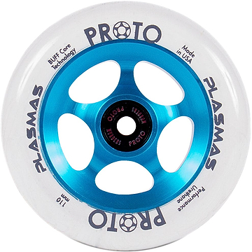 The image features the Proto Plasma 110mm Stunt Scooter Wheel in Clear and Electric Blue, highlighting a design with a white outer section and a blue core that includes multiple cutouts. It showcases the cutting-edge "Alien urethane" technology along with "BUFF Core Technology." The wheel is labeled as "PROTO Performance Ultralight," measures 110mm, and is proudly made in the USA by the brand Proto.