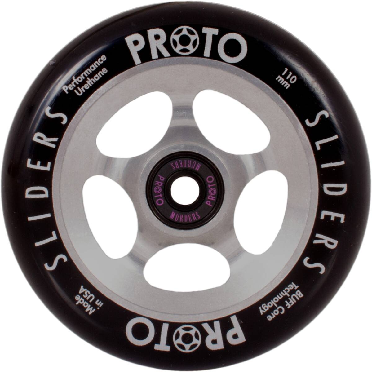 The Proto Sliders 110mm Stunt Scooter Wheel - Raw Silver, featuring Buff Core technology, is a black wheel with silver spokes that highlights "PROTO SLIDERS," "Performance Urethane," and "110 mm" along the edge. Expertly crafted in the USA, this robust design is engineered for exceptional performance.