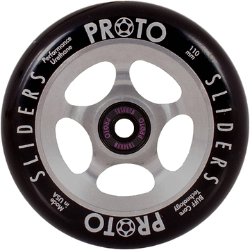 The Proto Sliders 110mm Stunt Scooter Wheel - Raw Silver, featuring Buff Core technology, is a black wheel with silver spokes that highlights "PROTO SLIDERS," "Performance Urethane," and "110 mm" along the edge. Expertly crafted in the USA, this robust design is engineered for exceptional performance.