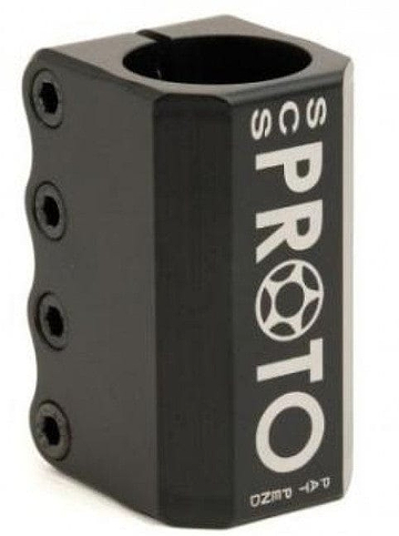 The Proto Baby 4 Bolt Oversized SCS Stunt Scooter Clamp in black features four bolt holes, "PROTO" in bold white, a circular logo, and extra small text—lightweight and perfect for your SCS scooter setup.