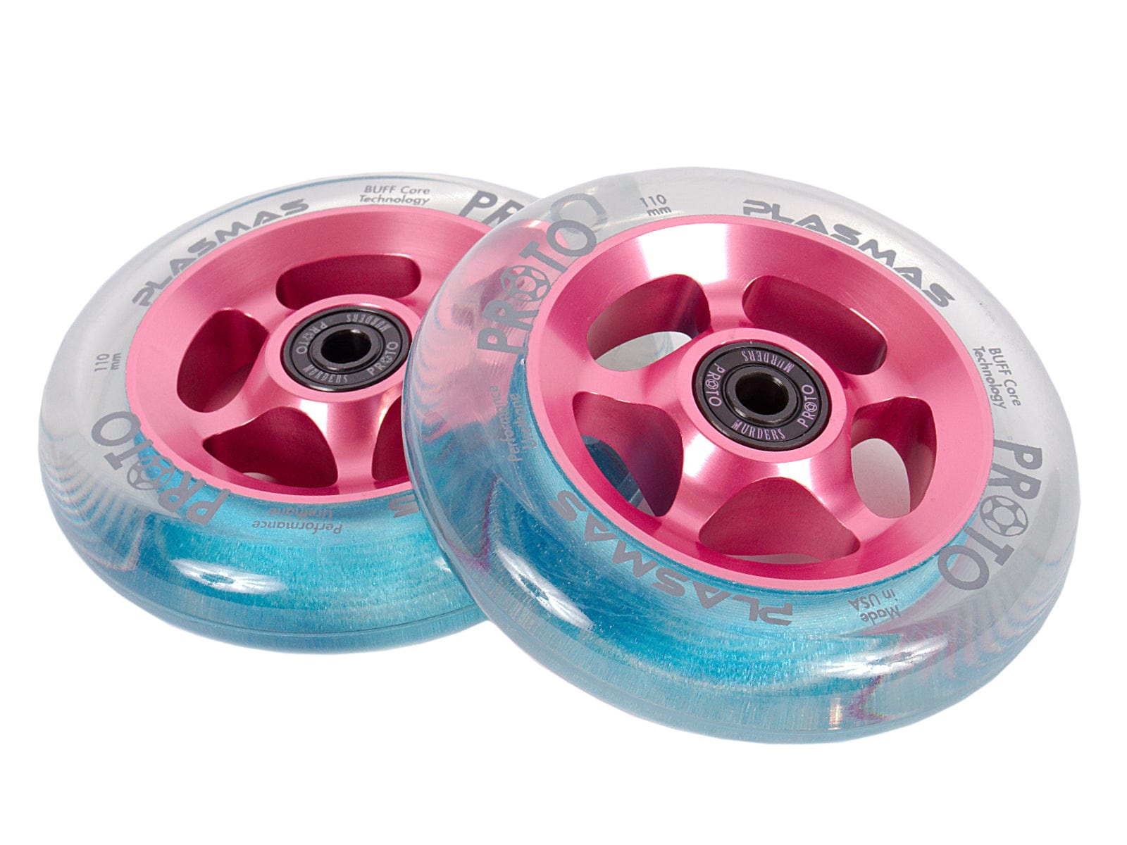 The Proto Plasma 110mm Stunt Scooter Wheel in Clear / Neon Pink features pink metal cores and transparent blue tires, designed with an Alien urethane formula for enhanced glide. Branded as "PROTO PLASMAS," these wheels incorporate BUFF Core Technology and are elegantly displayed overlapping each other against a pristine white background.