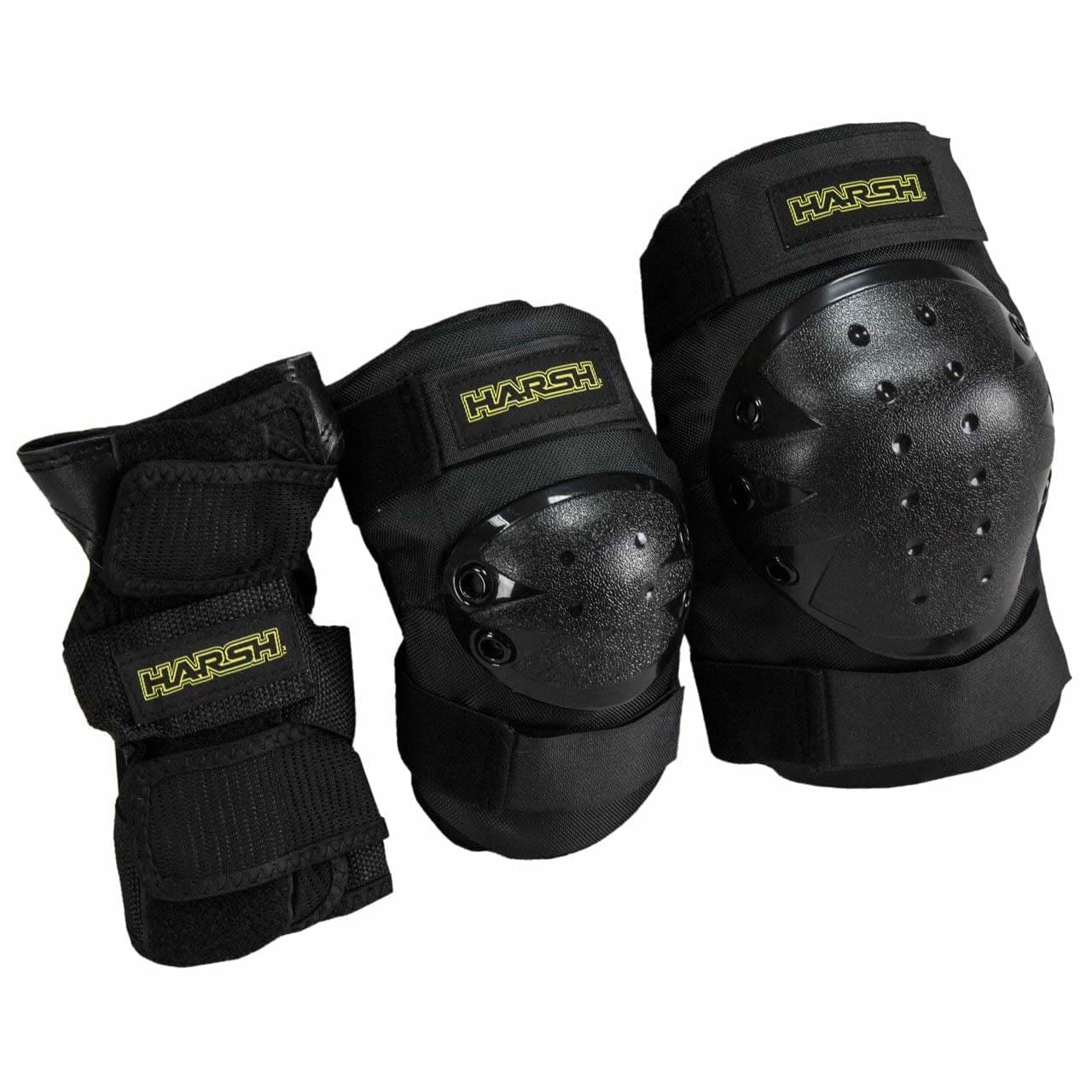 The Harsh 3 Piece Combo Skate Protection Pad Set - Black includes impact-resistant knee pads, elbow pads, and wrist guards. Each piece features a rough texture with the brand name "Harsh" prominently displayed in yellow on the black labels. This essential protective gear is artistically arranged against a plain white background.