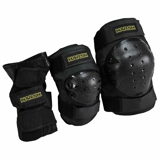 The Harsh 3 Piece Combo Skate Protection Pad Set - Black includes impact-resistant knee pads, elbow pads, and wrist guards. Each piece features a rough texture with the brand name "Harsh" prominently displayed in yellow on the black labels. This essential protective gear is artistically arranged against a plain white background.