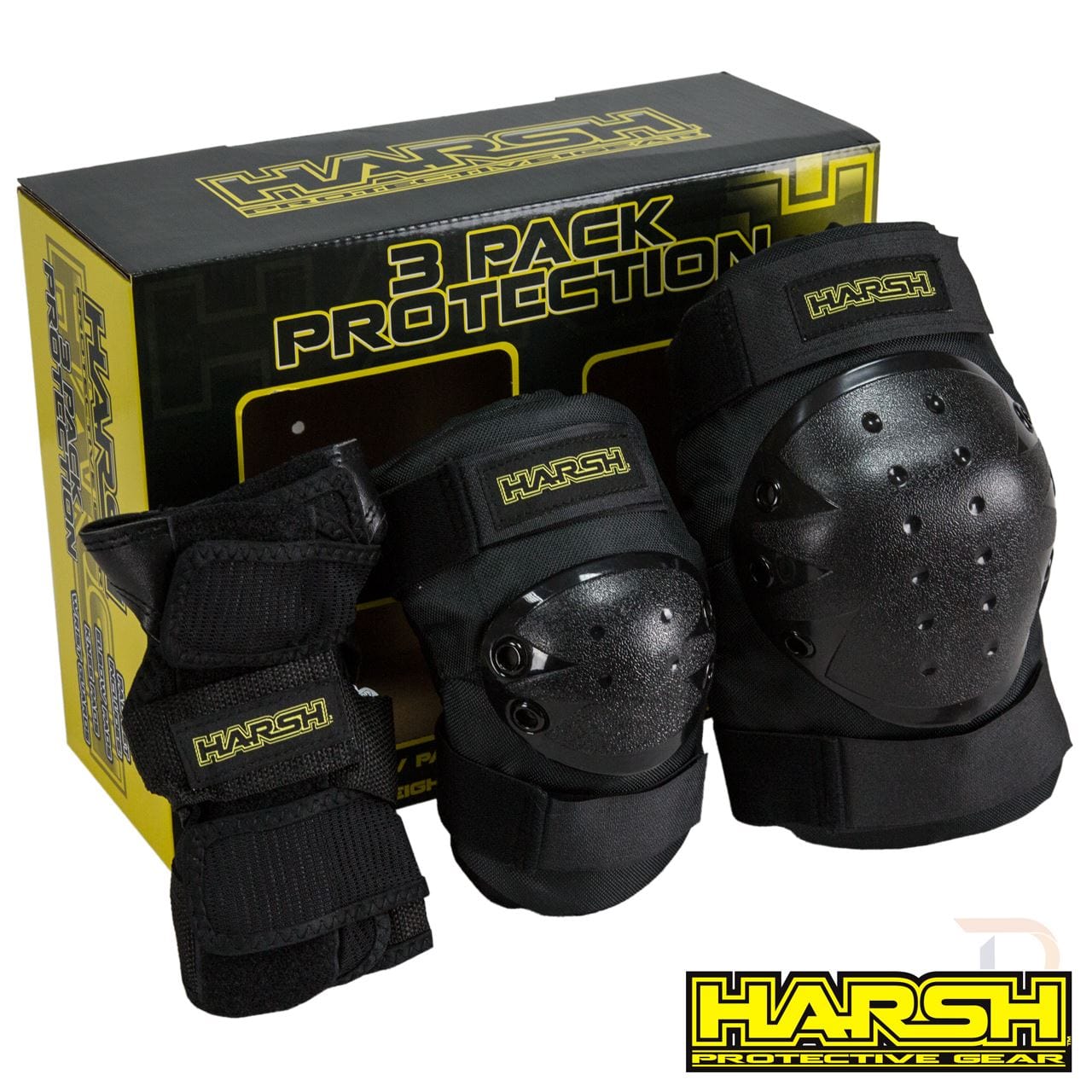Introducing the Harsh 3 Piece Combo Skate Protection Pad Set - Black: a trio of impact-resistant knee, elbow, and wrist pads in sleek black. The "Harsh" brand is prominently displayed in bold yellow lettering, perfectly positioned next to their stylish packaging box.