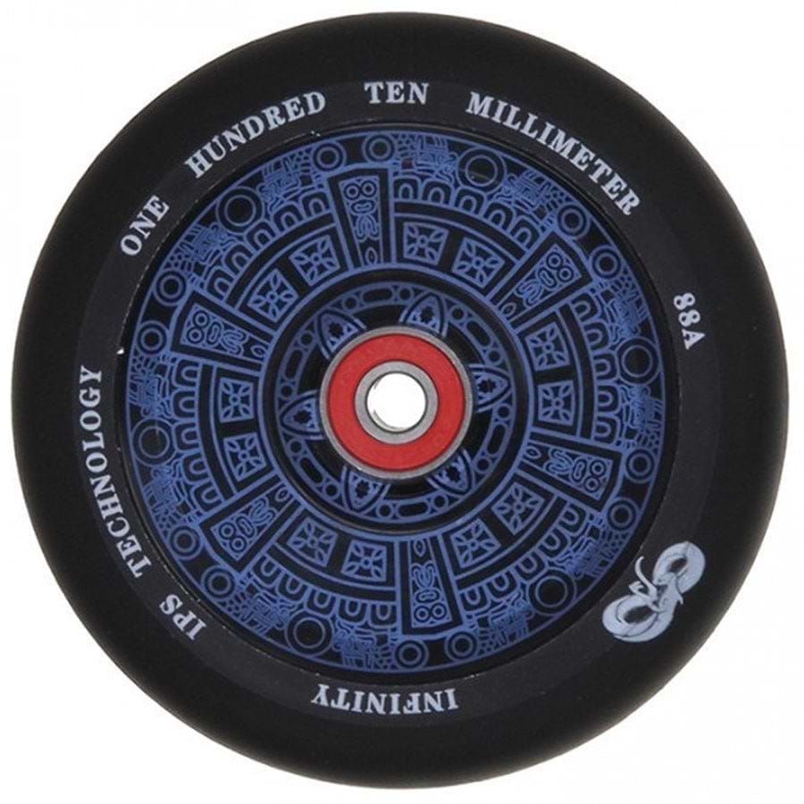 The Infinity Polynesian 110mm Stunt Scooter Wheel in blue showcases an intricate design and includes ABEC 9 bearings to deliver smooth performance for your stunt scooter.