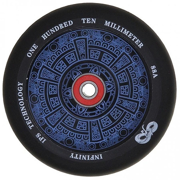 The Infinity Polynesian 110mm Stunt Scooter Wheel in blue showcases an intricate design and includes ABEC 9 bearings to deliver smooth performance for your stunt scooter.