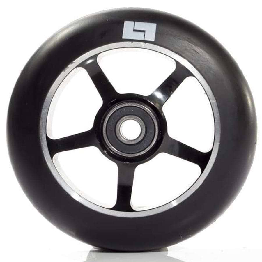 The Logic 5 Spoke 100mm Stunt Scooter Wheel in black boasts a durable five-spoke hub constructed from 6061-T6 Aluminium. Equipped with ABEC 9 bearings at the center for enhanced smoothness, it features a white background adorned with a small rectangular logo on the wheel's surface.