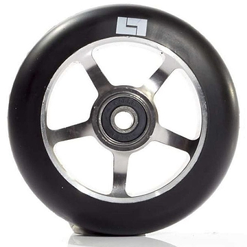 A close-up of the Logic 5 Spoke 100mm Stunt Scooter Wheel - Titanium showcases its black tire with a silver hub crafted from 6061-T6 Aluminium, featuring ABEC 9 bearings. A small stylized "L" logo adorns the side of the tire, all set against a white background.