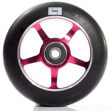 Introducing the Logic 5 Spoke 100mm Stunt Scooter Wheel - Red by Logic. This wheel features a stylish five-spoke design crafted from durable 6061-T6 Aluminium, with red spokes and a silver hub. The black outer rim is adorned with a sleek logo for added flair.