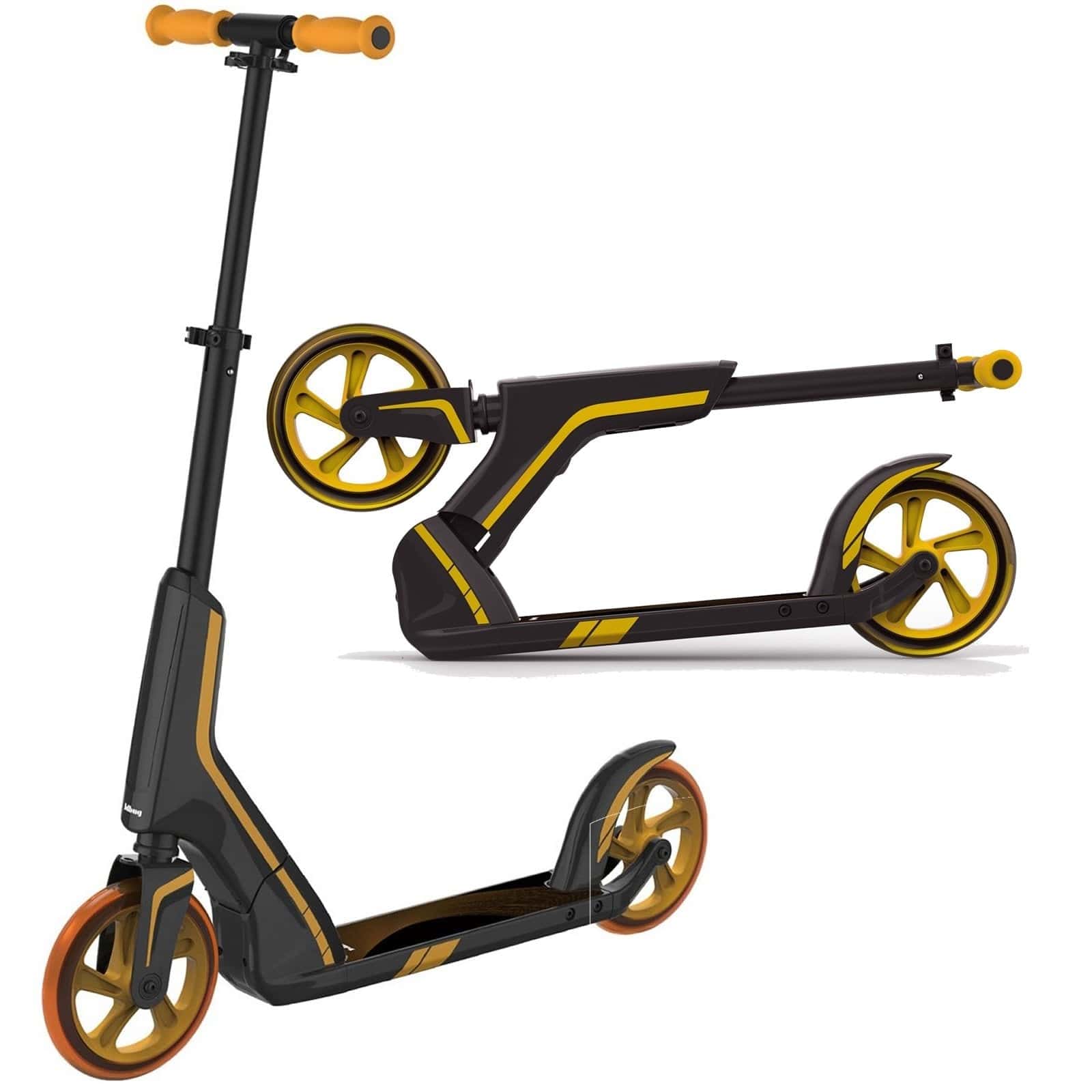The JD Bug Pro Commute 185 Foldable Scooter, in sleek black and gold, boasts ergonomically designed components and large wheels for a smooth ride. One image showcases it standing upright, while another emphasizes its convenient foldable design for easy storage. Its stylish appearance is further enhanced by a Dual Bearing System for superior performance.