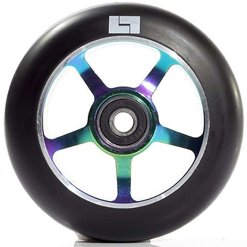 Close-up of the Logic 5 Spoke 100mm Stunt Scooter Wheel - Neochrome, featuring a black tire and metallic core with a blue and purple gradient. Made by Logic, this wheel boasts five spokes crafted from 6061-T6 Aluminium and includes an ABEC 9 central bearing for seamless performance.