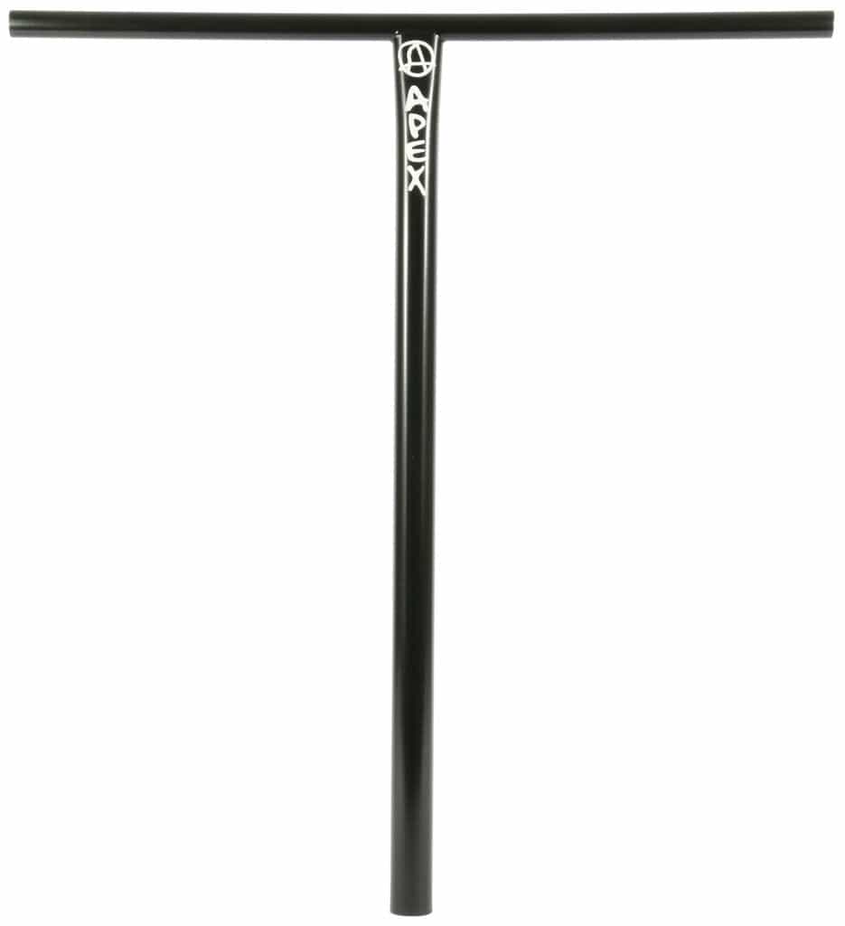 Crafted from robust 4130 Chromoly Steel, the black Apex XXL Steel Oversized SCS Stunt Scooter T-Bars feature a white logo near the top center of the vertical bar. Its minimalist and stylish design is perfect for freestyle or stunt scooters, making these T-bars an ideal choice for enthusiasts seeking high-quality components.