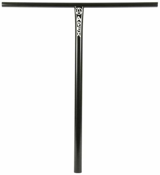 Crafted from robust 4130 Chromoly Steel, the black Apex XXL Steel Oversized SCS Stunt Scooter T-Bars feature a white logo near the top center of the vertical bar. Its minimalist and stylish design is perfect for freestyle or stunt scooters, making these T-bars an ideal choice for enthusiasts seeking high-quality components.