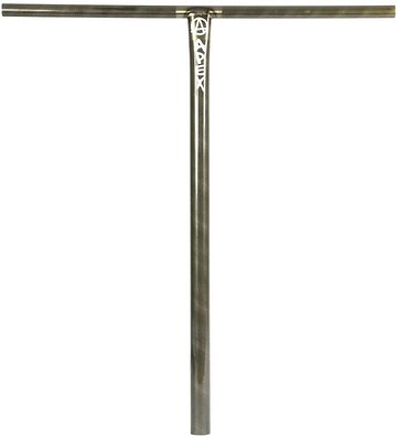 The Apex XXL Steel Oversized SCS Stunt Scooter T-Bars showcase a street-style design with a robust T-shaped handlebar forged from durable 4130 Chromoly Steel. They have a textured finish and feature a decorative logo at the intersection, offering a straightforward yet industrial look.