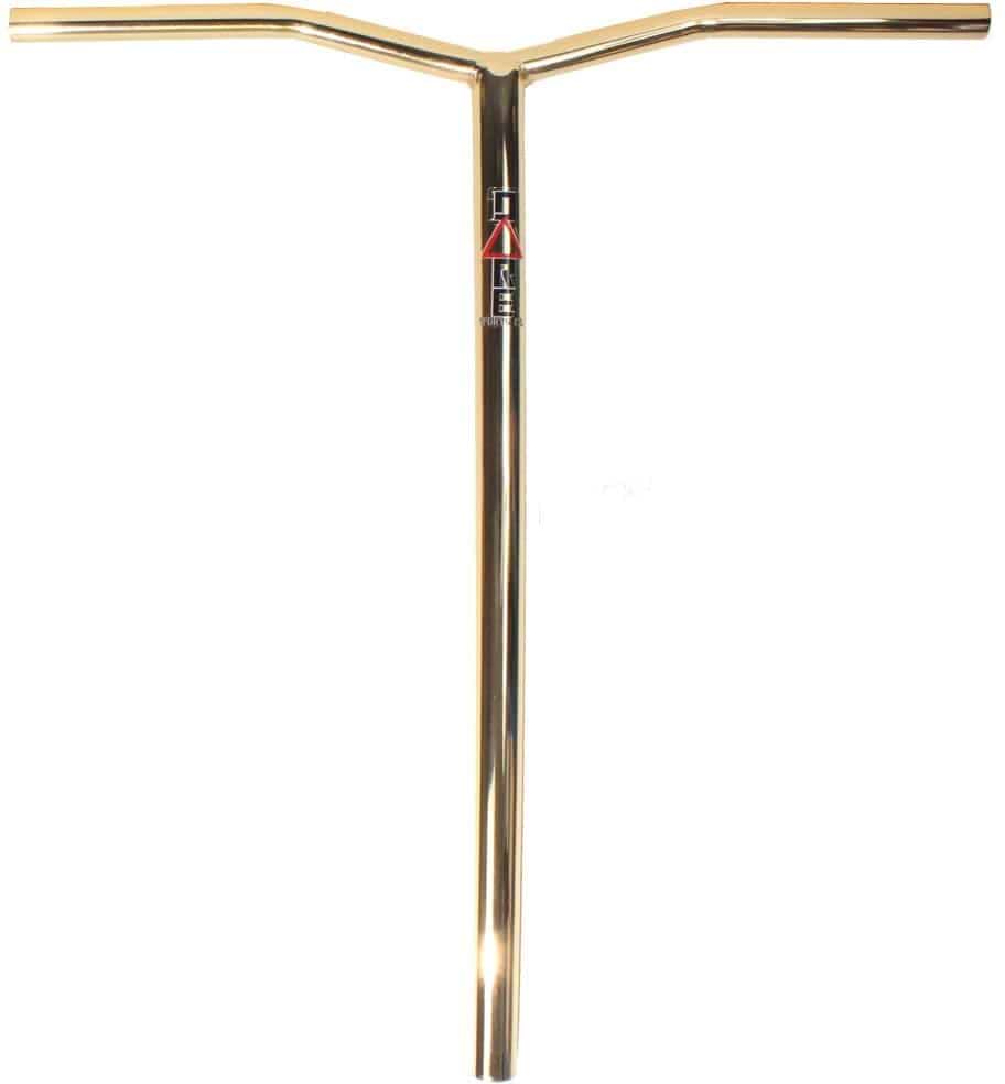 Introducing the Dare Wing Steel Standard SCS Stunt Scooter Bars in Gold, measuring 685mm x 610mm. These T-shaped handlebars, crafted from durable Chromoly Steel, feature a small logo at the center joint and are compatible with SCS systems. Their straight design includes a slightly raised middle section, elegantly showcased against a white backdrop.