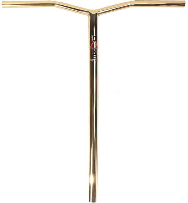 Introducing the Dare Wing Steel Standard SCS Stunt Scooter Bars in Gold, measuring 685mm x 610mm. These T-shaped handlebars, crafted from durable Chromoly Steel, feature a small logo at the center joint and are compatible with SCS systems. Their straight design includes a slightly raised middle section, elegantly showcased against a white backdrop.