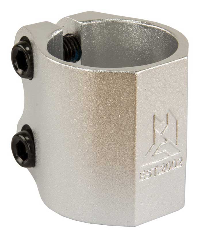 Close-up of a Madd Gear MGP MFX Extreme 2 Bolt Oversized Stunt Scooter Clamp, expertly crafted from durable alloy in silver. The clamp showcases strong clamping power with two black screws and is adorned with a geometric logo along with the text "EST 2002.