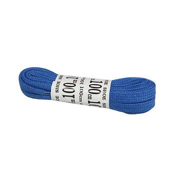 A pair of Mr Lacey 100cm laces in dark blue with a white label wrapped around them, displaying "100 cm" and "shoes" repeatedly in black font—perfect for adding a pop of color to your footwear or roller skates.