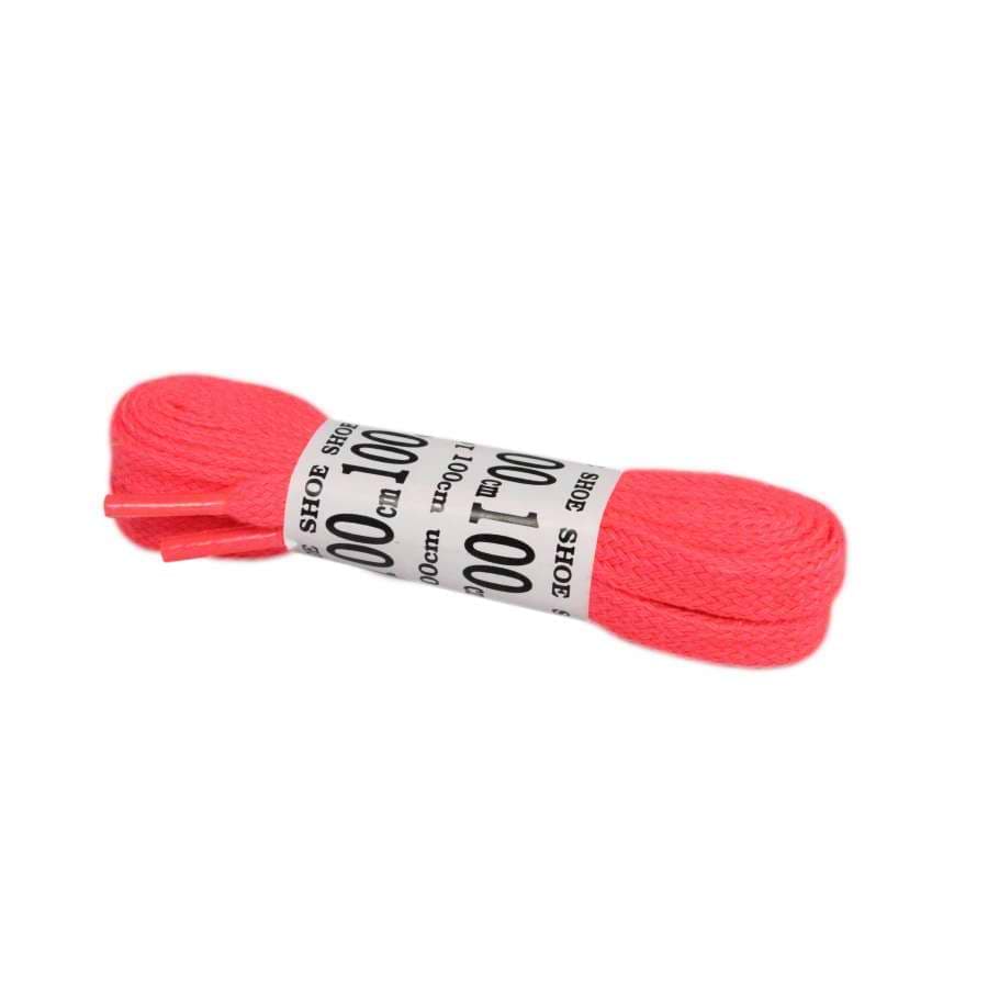 A pair of Mr Lacey 100cm Laces in dark pink, ideal for adding a vibrant touch to your roller skates, comes coiled together and secured with a white label that reads "Mr Lacey.