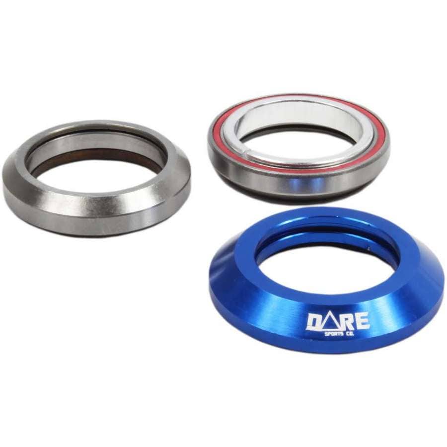 Displayed are three bicycle headset parts: one in metallic silver, another made of aluminium alloy featuring a red seal, and the third is the Dare Fighter Integrated Stunt Scooter Headset - Blue by Dare Sports Co. All include fully-sealed bearings and are arranged in a triangular pattern on a white background.