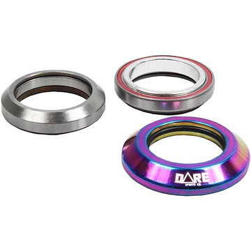 Three components of the Dare Fighter Integrated Stunt Scooter Headset, arranged in a triangle. The left piece is gray with a beveled edge and includes sealed bearings. The top component is gray with red accents, and the right part has an iridescent finish with "DARE" printed on it, capturing the essence of an integrated headset design.
