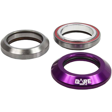 Three metal headset cups for bicycles are displayed. The first, crafted from durable 6061-T6 Aluminium Alloy, is silver with a brown inner ring. The second is silver with a white and red inner ring featuring sealed bearings. The third, named the Dare Fighter Integrated Stunt Scooter Headset by Dare, is purple and showcases an integrated design.