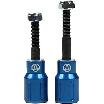 A pair of blue adjustable bar ends for motorcycles or bicycles, complete with screws on top. Each features a hexagonal bolt and is adorned with a logo on the body. The left piece is shorter than the right one, evoking the precision engineering found in high-quality products like the Apex Barnaynay Aluminium Stunt Scooter Pegs by Apex.