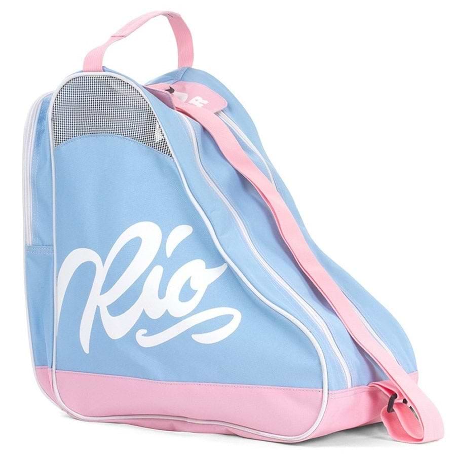 The Rio Roller Script Skate Bag in blue and pink features white accents and is made from water-resistant material. "Rio" is prominently displayed in large script on the side. It includes a zippered compartment, a top handle, and an adjustable carry strap for convenience, truly capturing the essence of the Rio Roller Skate Bag style.