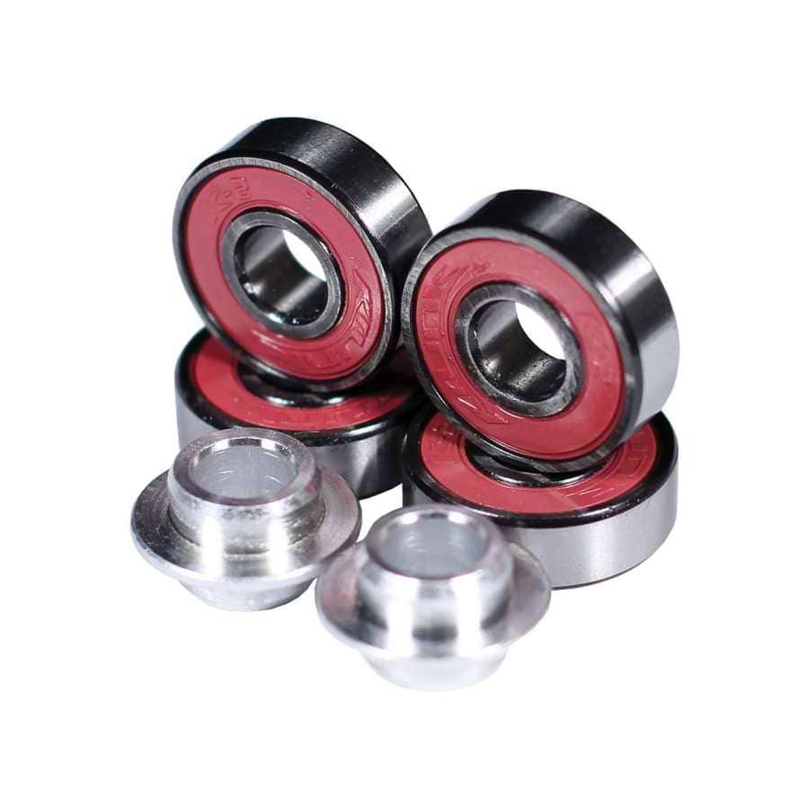 A set of Madd Gear MGP K-2 ABEC 9 pink scooter bearings, featuring vibrant seals and two shiny conical spacers, are displayed on a white surface. The polished, cylindrical surfaces reflect light and highlight their ABEC 9 rating.