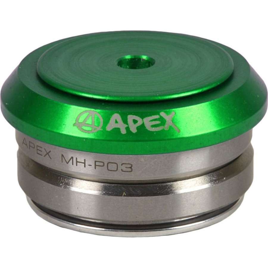 A detailed image showcases the Apex Integrated Stunt Scooter Headset in green and silver. The top cap, with its polished green metallic finish, features "Apex" engraved in elegant silver lettering. This headset is designed to perfectly complement an integrated scooter deck for a smooth riding experience.
