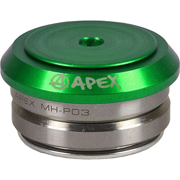 A detailed image showcases the Apex Integrated Stunt Scooter Headset in green and silver. The top cap, with its polished green metallic finish, features "Apex" engraved in elegant silver lettering. This headset is designed to perfectly complement an integrated scooter deck for a smooth riding experience.