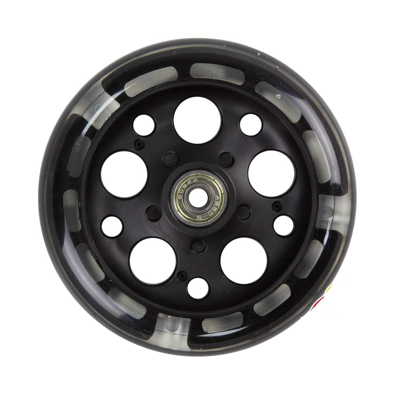 The Zycom 125mm Light Up Front Scooter Wheel in black showcases a design with multiple circular holes and a central metal bearing, complemented by partially translucent tires that feature an intriguing pattern of light and dark sections. This edition is enhanced with captivating light-up LEDs for an eye-catching ride.