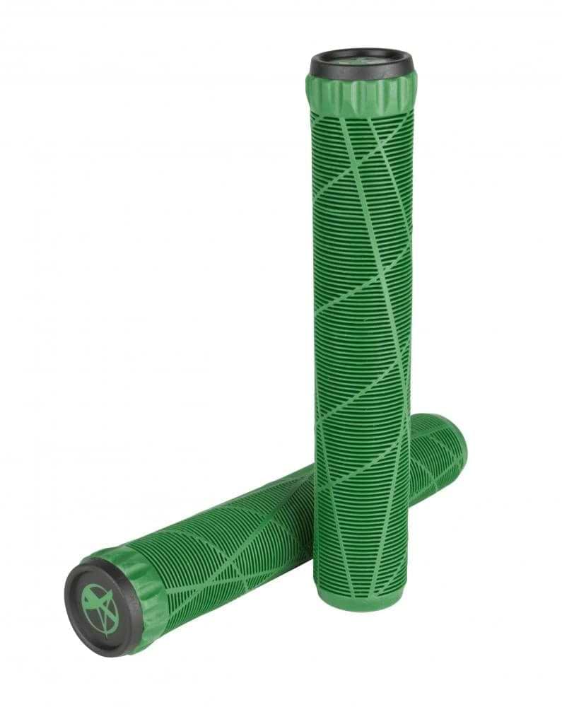 The Addict OG Bottle Green Stunt Scooter Grips - 180mm are prominently displayed, featuring vibrant green grips with black end caps. They boast a textured crisscross design for superior grip, with one grip upright and the other lying horizontally, echoing the ultra-soft TPR materials typical of OG scooter grips for increased comfort.