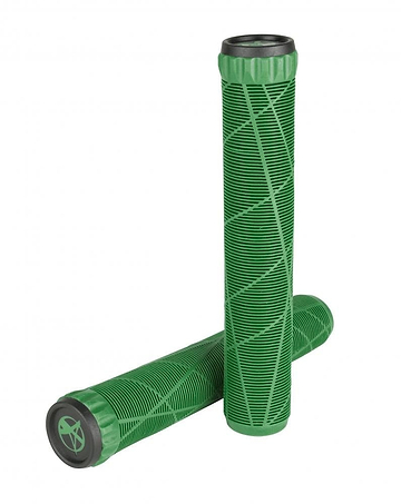 The Addict OG Bottle Green Stunt Scooter Grips - 180mm are prominently displayed, featuring vibrant green grips with black end caps. They boast a textured crisscross design for superior grip, with one grip upright and the other lying horizontally, echoing the ultra-soft TPR materials typical of OG scooter grips for increased comfort.