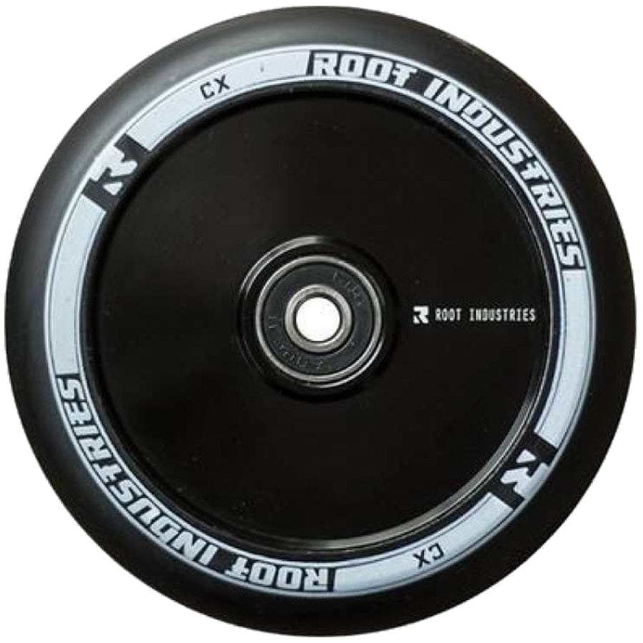 This black Root Industries AIR Hollowcore scooter wheel, measuring 120mm, features a stylish black inner rim. It prominently showcases the iconic Root Industries logo and "R" on the rim, making it an excellent choice for any stunt enthusiast.