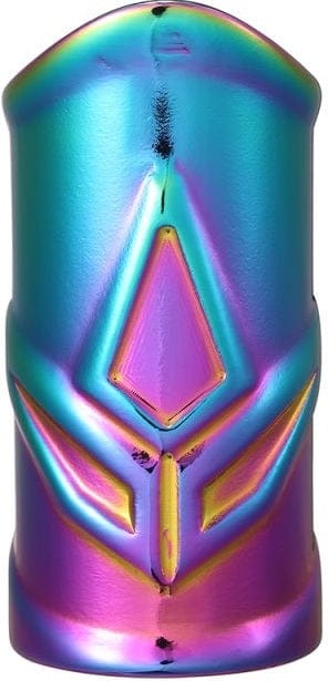A product with an oil slick neochrome finish displaying shades of blue, purple, and pink. Made from high-grade aluminum, this item features a geometric design with raised diamond and triangular shapes on the surface, much like the sleek Blunt Envy Forged 3 Bolt Oversized SCS Stunt Scooter Clamp.