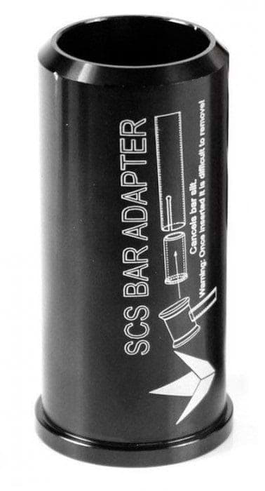 A black cylindrical metal object branded as "Blunt Envy" with white instructions and a simple diagram, labeled "Blunt Envy SCS Scooter Bar Adapter - Standard Sized," is specifically designed for compatibility with SCS bars on scooters.