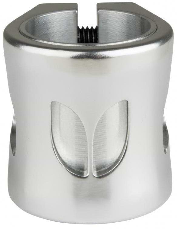 The Blazer Pro Altus 2 Bolt Oversized Stunt Scooter Clamp in silver is a metal cylinder with a curved opening at the top and a threaded interior, designed as an ideal Atlus clamp. It includes two symmetrical, curved cutouts on the front side, making it perfect for seamlessly integrating Black scooter parts.