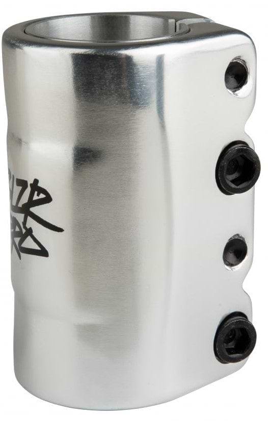 The Blazer Pro 4 Bolt Oversized SCS Stunt Scooter Clamp in silver features a smooth, cylindrical design with an open edge, perfect for securing scooter parts. It is crafted by Blazer Pro and showcases a subtle graffiti-style logo on the side, complete with three black screws.