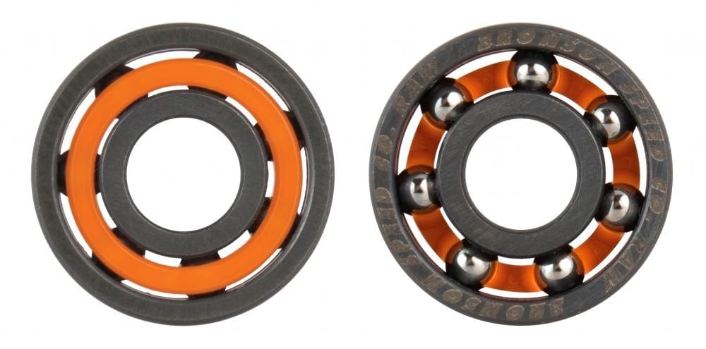 Two unshielded skateboard bearings are displayed side by side. The bearing on the left features an orange casing, while the one on the right reveals six silver balls encased in a black circular frame, incorporating Bronson's advanced audible speed technology for a superior riding experience.