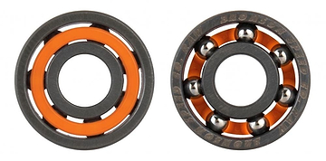 Two unshielded skateboard bearings are displayed side by side. The bearing on the left features an orange casing, while the one on the right reveals six silver balls encased in a black circular frame, incorporating Bronson's advanced audible speed technology for a superior riding experience.